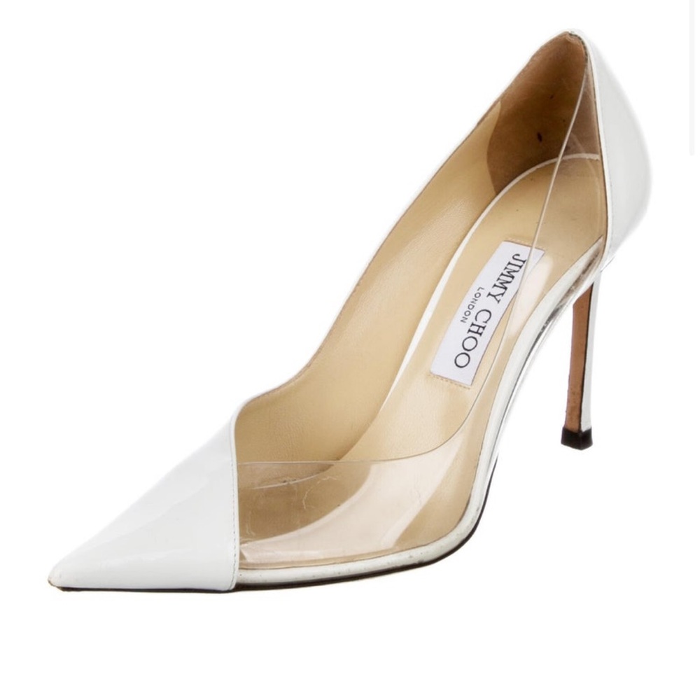 Jimmy Choo white and clear pumps.